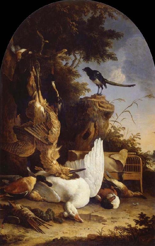 REMBRANDT Harmenszoon van Rijn A hunter-s Bag near a tree stump with a magpie,known as the contemplative Magpie Norge oil painting art